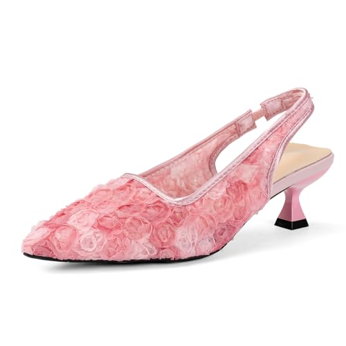 Elegant Lace Kitten Heels for Women - Slingback Pointed Toe Floral Mesh Dress Shoes - Low Heel Formal Wedding Guest Party Sandals