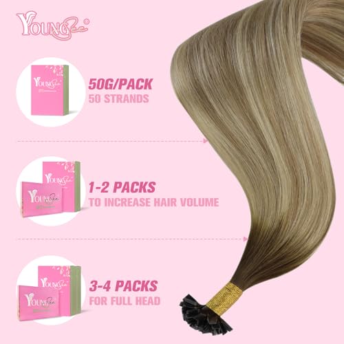 Image of YoungSee K Tip Hair Extensions Balayage Keratin Tip Hair Extensions Balayage 24 Inch Long Dark Brown Ombre Brown with Blonde 50s /50g