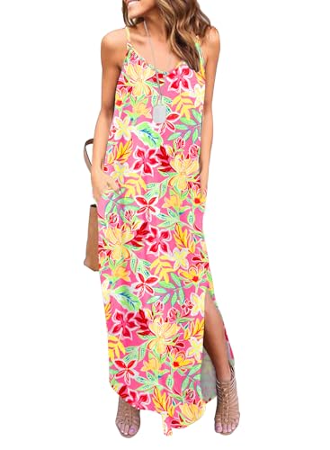 Image of HUSKARY Women's Summer Casual Sleeveless V Neck Strappy Split Loose Dress Beach Cover Up Long Cami Maxi Dresses with Pocket