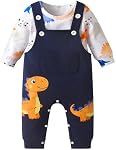 Newborn Baby Boys Outfits Infant Romper Dinosaur Print Overall Adjustable Suspenders Pants Bodysuit 2pcs Set