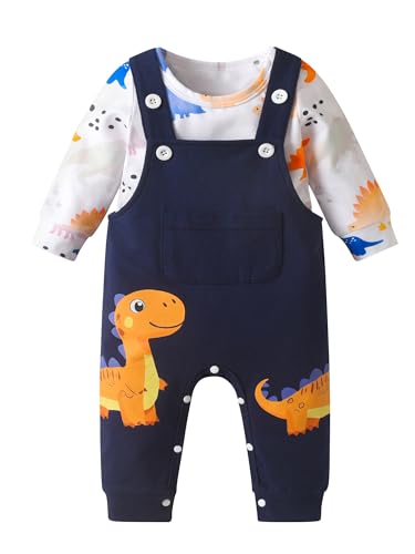 Kumsolu Toddler Baby Boy Clothes Dinosaur Long Sleeve Romper Dungarees Pants 2Pcs Set （12-18M）