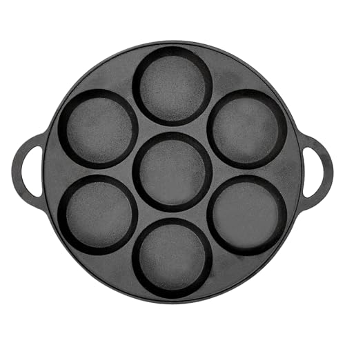 Warmiehomy Cast Iron Pancake Pan, 25 cm Non-Stick Multi Hole Pancake Maker, 7 Hole Crepe & Pancakes Pan for Mini Pancakes & Frying Eggs for Gas, Electric, Induction & Oven,Flat Surface