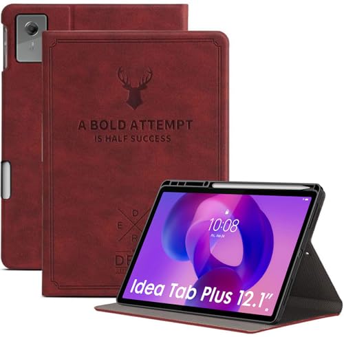 Image of Robustrion Cover for Lenovo Idea Tab Plus 12.1 inch Cover Case with [Pencil Holder], Deer Flip Cover Case for Lenovo Idea Tab Plus Tablet Cover [Auto Sleep Wake Support] - Vine Red