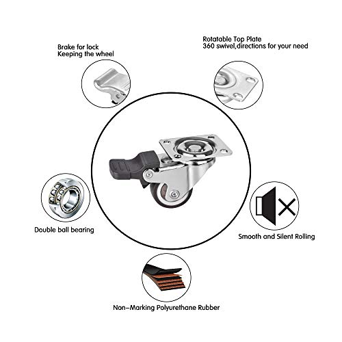 4 Pack 1" Low Profile Casters Wheels Soft Rubber Swivel Caster with 360 Degree Top Plate 100 lb Total Capacity for Set of 4 (2 with Brakes & 2 Without)