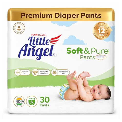Image of Little Angel Soft & Pure Premium Baby Diaper Pants | Small (S) - 30 Count (4-8 Kgs) | With BreathableAir Layers for Rash-Free Comfort, Lightweight AirSlim Fit, No-Marks Soft Waistband, MaxAbsorb Dry Protection & Calendula Extracts for Baby's Soft Delicate Skin