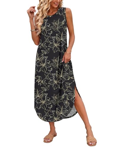 AUSELILY Robe Longue Femme Ete sans Manches Robe de Plage Maxi Casual Femme Longue avec Poches Feuilles d'or Noir L