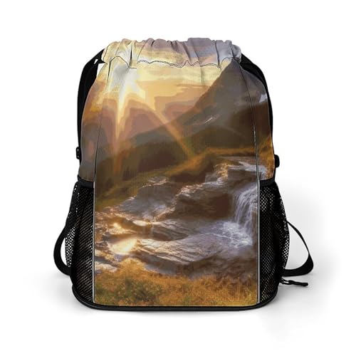 Sac à dos léger avec cordon de serrage imprimé montagne et lever de soleil