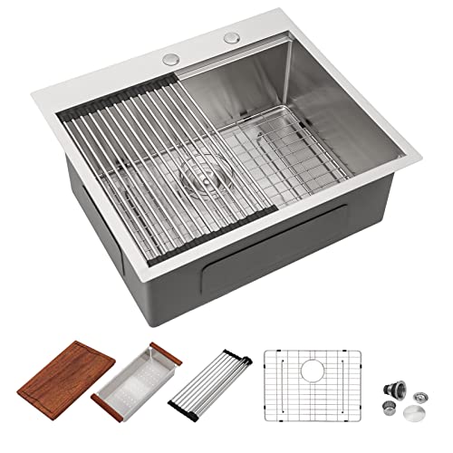 25 Drop In Kitchen Sink Workstation - Dcolora 25 Inch Stainless Steel Topmount Kitchen Sink With Ledge Round Corner X Grooves Wood Cutting Board 16 Gauge Single Bowl Utility Laundry Sink Basin #TOP3