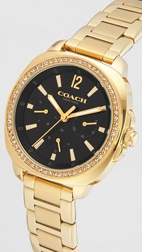 Image of Coach Kitt Qtz Multifunction Black Tonneau Dial Women's Watch|Ionic Plated Thin Gold Steel Material|Gold Color Band - 14504398
