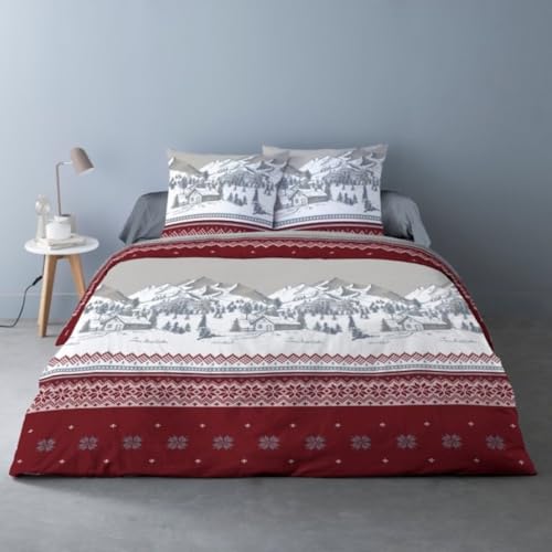 Alpes Blanc - Housse de Couette Navacerrada 220x240 cm 100% Flanelle de Coton + 2 taies - Dessin Chalet Montagne Rouge et Gris