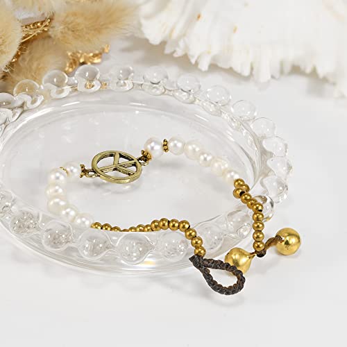Aeravida Vintage Peace Sign With Cultured Freshwater Pearl Brass Beads Link Bracelet | Peace Sign Bracelet For Women | Vintage Pearl Bracelet For Women #TOP2