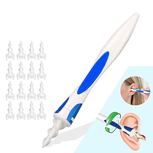 BLAZOR Earwax Removal Tool, Rotating Ear Cleaner,360 Degree Spiral Ear Spoon, Ear Wax Removal Kit with 16 Replacement Heads, Safe and Soft, Suitable for Children and Adults (Blue)