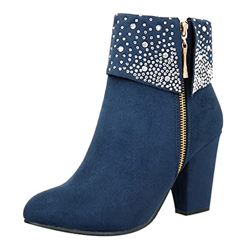 Gyouanime Shoes Heeled Booties for Womens Dress Shoes with Rhinestone Pointed Toe Chunky high Heels Winter Ankle Boots for Women Sale