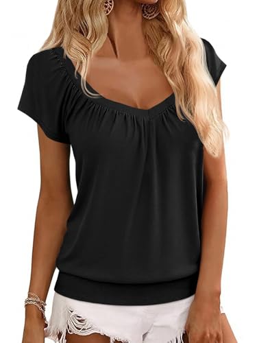Hongqizo Womens V Neck T Shirts Cap Sleeve Summer Casual Shirts Banded-Bottom Loose Fit Basic Tops