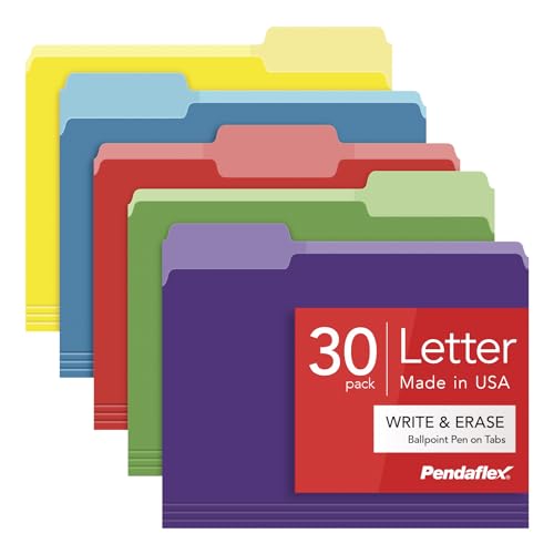 Pendaflex Colored File Folders, 30 Pack, Letter Size (8.5' x 11'), Erase Ballpoint Pen from Tabs, 3 Tabs, 5 Colors: Green, Yellow, Red, Blue, Purple, Office, Classroom & Home Document Organization