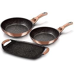 Sartenes Gold Pan Berlinger Haus, BH-1669, Rose Gold Juego 2 Sartenes 22-26cm y Plancha Asar Inducción 36x23cm, Aluminio Forjado, Antiadherente Ecológico Marmol sin PFOA, Vitrocerámica, Gas