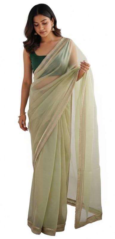 Sari indien en organza haut de gamme avec dentelle fine élégante pour femme