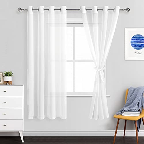 Jiuzhen Ivory Sheer Curtains 63 Inches Long - Semi Transparent Light Filtering Grommet Window Drapes For Living Room/Balcony, 52Wx 63L, Set Of 2 With Tiebacks #TOP16