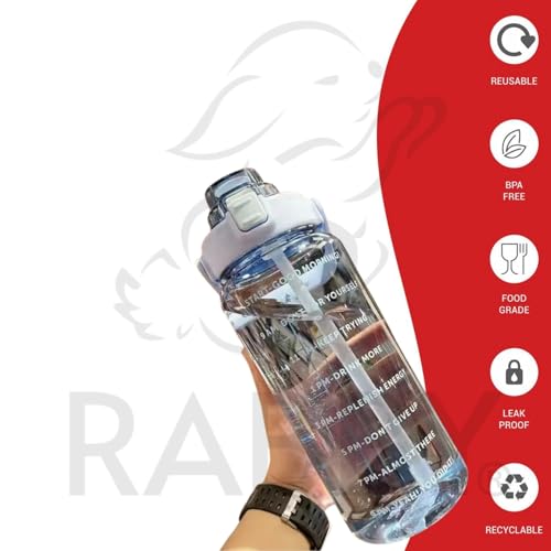 Image of RABBY 2L Motivational Water Bottle for Kids & School Use | Time Marker, BPA-Free, Leakproof Straw Lid, Carry Strap | Plastic Water Bottle for Travel, Sports, Gym, Office (Sky Blue 1Pcs)