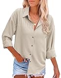 HOTOUCH 2024 Button Up Shirts for Women Pleated Roll Long Sleeve Collar Shirt Casual Stripe Blouses Top Khaki L