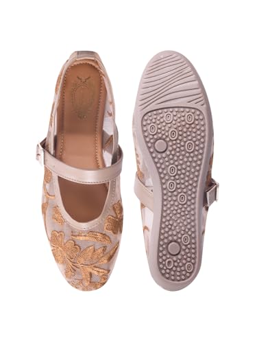 Image of Shoetopia Women's Embroidered Belly Shoes - Soft Comfortable Flats with Adjustable Strap | Traditional Floral Design for Casual & Ethnic Footwear