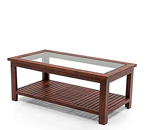 Image of Solid Sheesham Wood Modern Rectangular Coffee Table with Glass Top for Living Room with Bottom Storage Shelf /Glass Center Table for Sofa (Wooden)