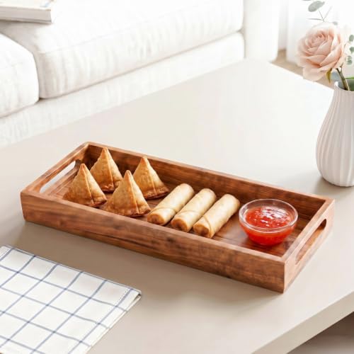 Image of Nestasia Wooden Serving Tray with Handles (41x16cm) - Acacia Wood Rectangular Brown Tray for Dining & Coffee Table | Platter for Serving Tea, Cakes, Snacks, Breakfast & Home Decor (Warm Honey-Brown)