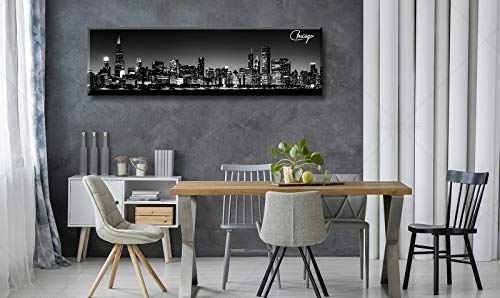 Image of DJSYLIFE Black & White Chicago Skyline Canvas Wall Art 13.8 inch x 47.3 inch | Fade-Resistant Panoramic Skyline Print, Ready to Hang for Bedroom, Office, Living Room Decoration