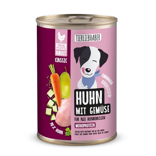 TIERLIEBHABER – Hundefutter Nass 400g Huhn mit Gemüse – Von Tierärzten entwickelt – Nassfutter Hund mit 90% Fleischanteil – Dog Food als Hundenassfutter 400g Dosen