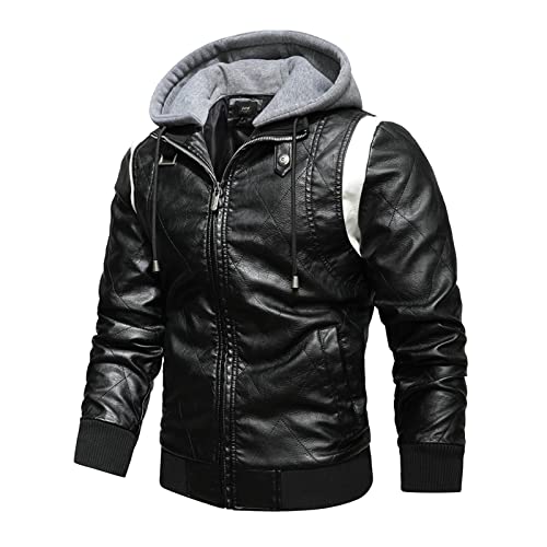 Chaqueta de Moto para Hombre Homologada con Protección Plus Moto Chaqueta de Moto de Cuero Otoño Forro Térmico Moto Invierno Chaqueta de Cuero para Hombre Negro Biker de Cuero con Capucha Invierno