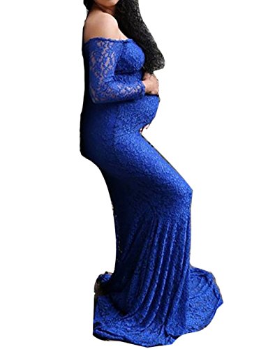Women Lace Maxi Dress Off Shoulder Long Sleeve Maternity Dress Photography Props Full Length Gown (Large, Blue)