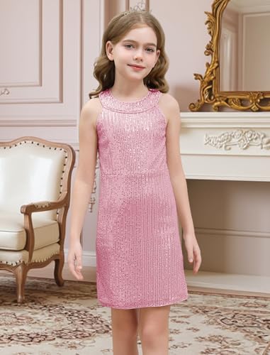 Girls Sequin Dress Halter Formal Pageant Prom Party Graduation Dress with Three Layer Mesh Size 5-14Y4
