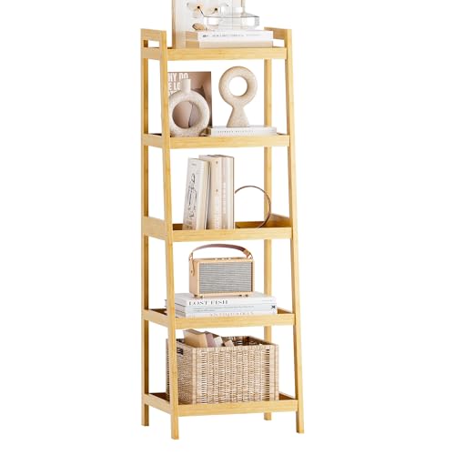 SMIBUY Bibliothèque échelle en Bambou, 4 Niveaux et 5 Niveaux Présentoir de Plantes autoportant Étagères économiseurs d’Espace pour Chambre, Cuisine,...