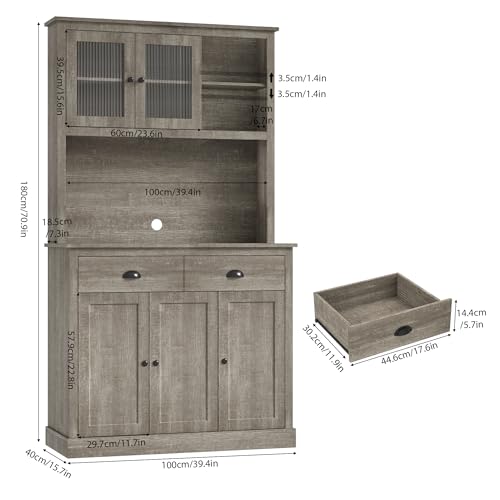GarveeHome Pantry Cabinet with Drawers and Adjustable Shelves, 71”Tall Freestanding Kitchen Cabinet with Microwave Stand, Kitchen Hutch for Dining Room, Rustic Grey