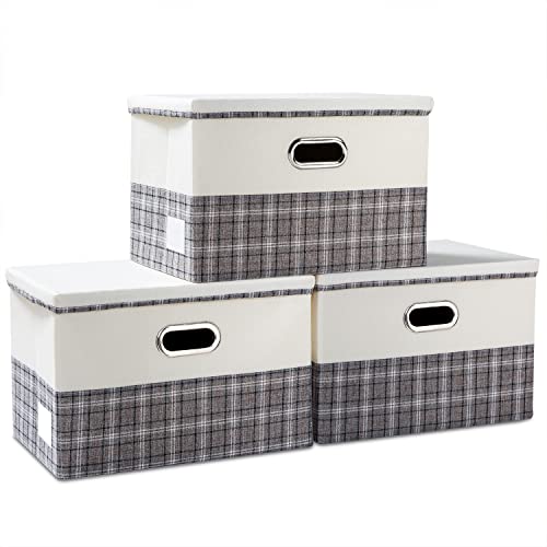 Image of PRANDOM Large Collapsible Storage Bins with Lids [3-Pack] Fabric Foldable Storage Boxes Organizer Containers Baskets Cube with Cover for Home Bedroom Closet Office Gray plaid & Cream(17.7x11.8x11.8)