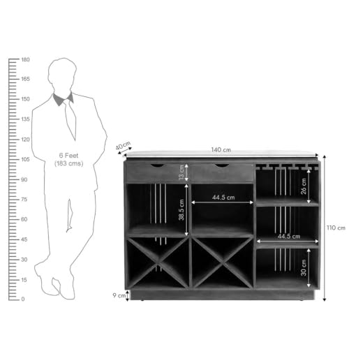 Image of The Attic Carlston Bar Cabinet for Home, Hard and Soft Drinks Bar Storage Cabinet, Wine Whisky Scotch, Solid Mango Wood, Black Matte Finish with Ceramic Marble Top
