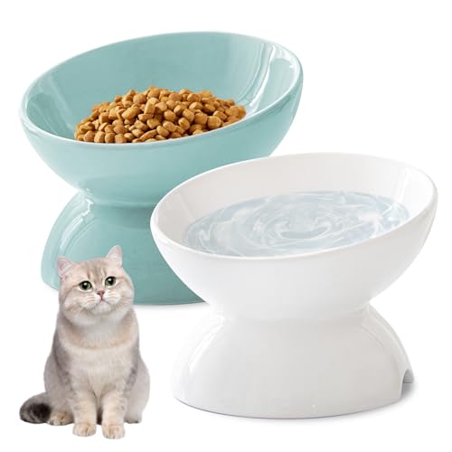 Gamelle Chat Surélevée en Céramique – Set de 2 Gamelle pour Chat Surélevée Antidérapante, Gamelle Ceramique Chat, Mangeoirs et Abreuvoirs pour Chats,...