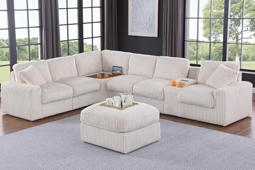 Image of Ball & Cast 127 inch Oversized Modular Sectional Sofa L-Shaped,Large Corduroy Upholstered Couch 7 Seat with Ottoman,Cup Holders & USB Ports,Comfty Sectionals W /Pillows & Storage Box,for Living Room,Beige