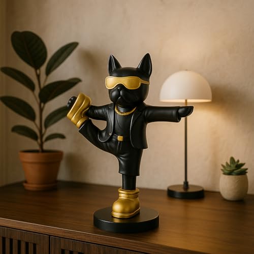 Image of Xtore Fashion Cat Figurine | Black Suit Gold Sunglasses Decor | Unique Home Office Decor | Novelty Statue | Modern Desk Shelf Accessory - Black