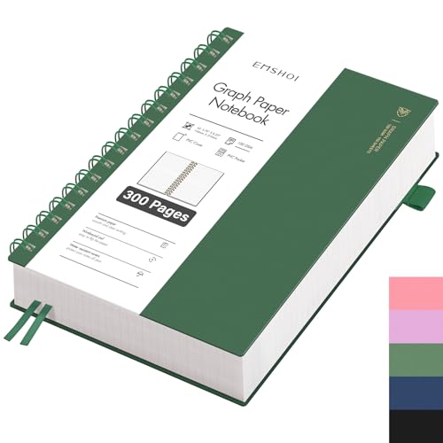 EMSHOI Cuaderno A5 cuadriculado, cuaderno espiral con 300 páginas/150 hojas, papel cuadriculado de 100 g/m² para escribir, tapa dura de PVC, para escuela, trabajo, dibujo, diario de viaje, 14,5 x 21