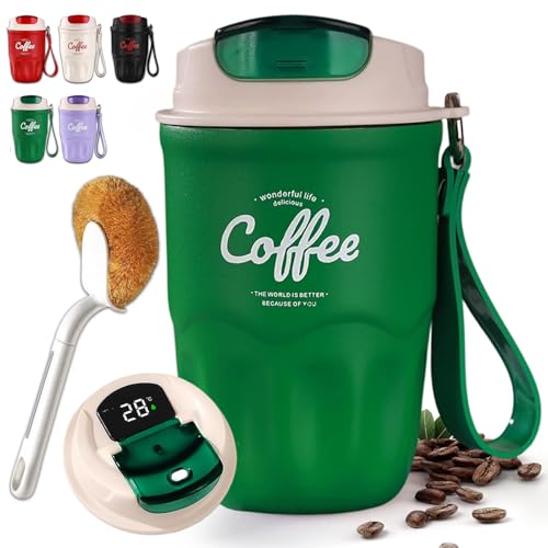 Image of Coffee Vacuum Flask, Portable Coffee Cup with Lid & Handle, Stainless Steel Insulated Water Bottle for Home, Office, and Outdoor Use, Insulated Travel Drinkware, Travel Coffee Mugs (Green,Smart)