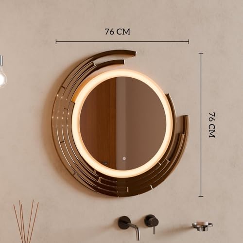Image of BASSINO 3D Bathroom Mirror with LED Lights /Sensor Touch /3 Adjustable Colors /Dimmable Light /Vanity Mirrors /Round Washbasin Mirror with LED Lights /Smart Mirror for Bathroom Wall(Rose-Gold)