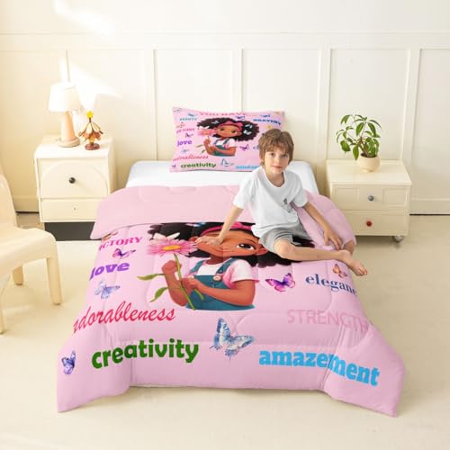 Image of Erosebridal Black Girls Magical Bedding Set Butterflies Inspirational Quotes Toddler Comforter Set African American Comforter Afro Black Princess Girl Duvet Insert for Nursery Kids Pink Room Decor