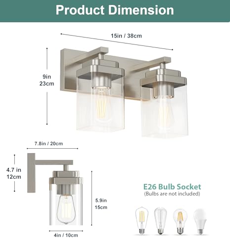 Image of Brushed Nickel Bathroom Light Fixtures, 2 Lights Bathroom Lighting Fixtures Over Mirror, Square Design & Rectangle Large Backplate, Modern Vanity Lighting Fixtures, for Living Room /Bedroom