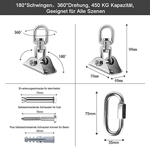 Ceiling Hook Hanging Chair Swing Spring 450 kg Capacity 360 Rotation Heavy Duty Stainless Steel Bracket Swing Hook Hanging Hook with 3 Carabiner Hooks for Hanging Chair Concrete Wood Hammock Punch - Image 2