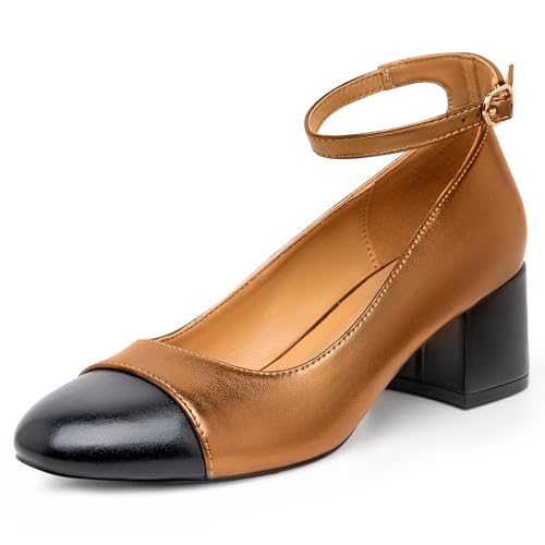 Trary Women's Pumps Shoes,White Nude Gold Heels,Closed Toe Heels for Women,Chunky High Heels for Women,Cap Toe Pumps Shoes,Casual Wedding Dress Shoes for Women