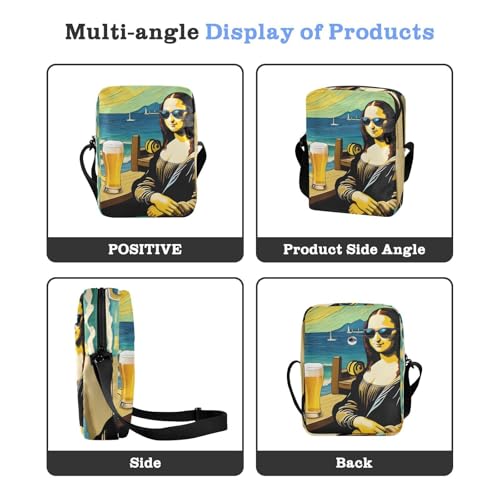 Crossbody Sling Bag for Women Men, Zipper Closure Messenger Bags Mona Lisa at Beach Print with Card Phone Passport Compartment 6.6×9.4×2.5 IN4