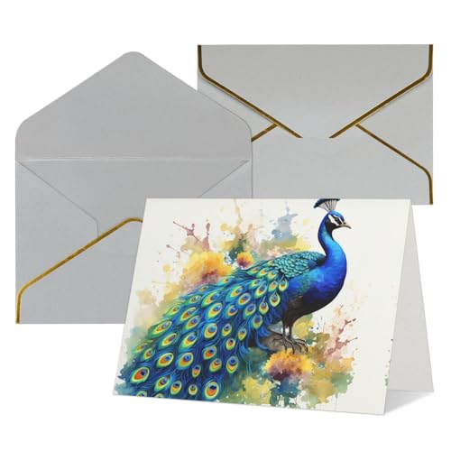 QMNSEHF 無地グリーティングカード 封筒付き Thank YouCard 孔雀 水彩画 Happy Birthdayカード 女性用 男性用 クリスマス ハロウィン 結婚式 ブランク ノートカード あらゆる機会 グリーティングカード 4x6
