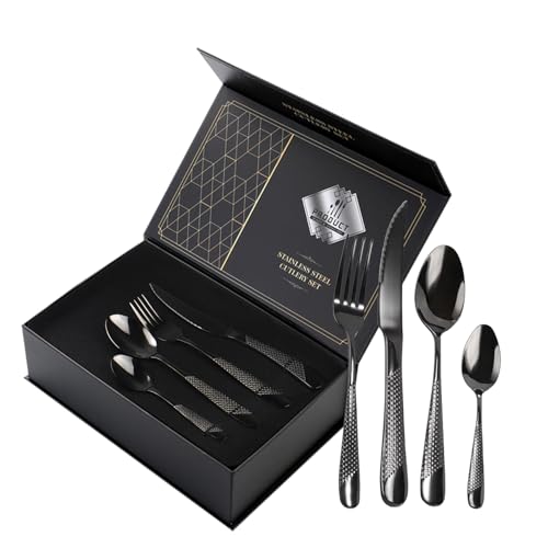 Lot de 24 couverts martelés en acier inoxydable avec couteau, fourchette, cuillère, couverts pour 6 personnes, couverts modernes en argent pour la...