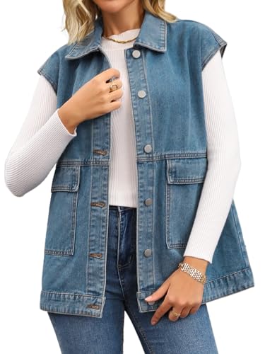 Womens Sleeveless Jean Jacket Casual Button Down Boyfriend Oversized Long Denim Vest